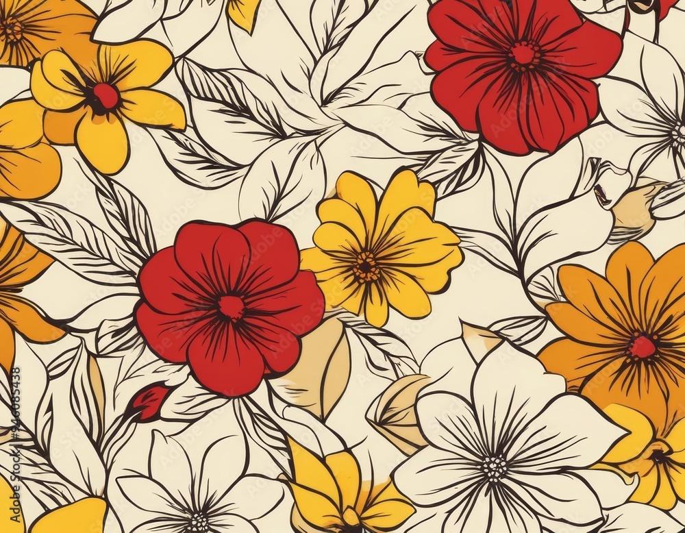 A pattern featuring red, yellow, and white flowers with leaves on a white background, outlined in black. A pattern featuring red, yellow, and white flowers with leaves on a white background, outlined in black.