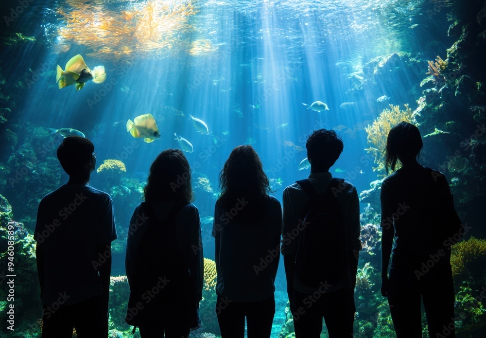 A group of people watching an aquarium, with one wearing a backpack A group of people watching an aquarium, with one wearing a backpack