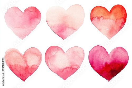 A collection of six heart-shaped watercolor stains.