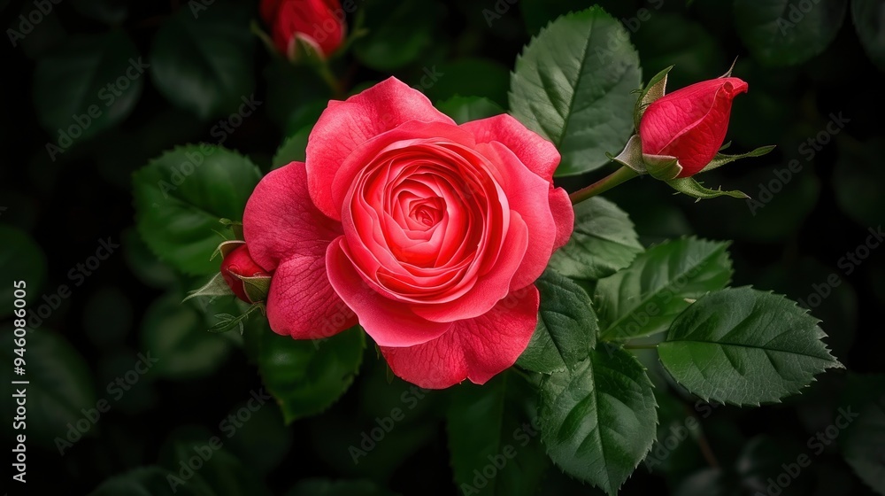 Beautiful Pink Rose in Bloom with Green Leaves Beautiful Pink Rose in Bloom with Green Leaves