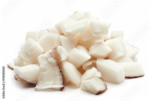 Collection of isolated coconut pieces on white background