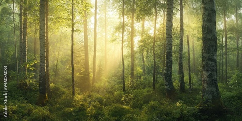 Sunlight streams through a misty birch forest.