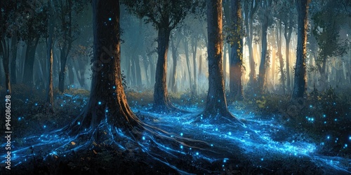 Glowing blue streams in a dark forest. photo