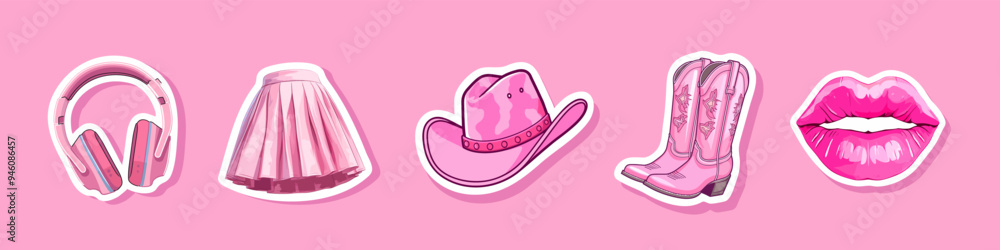 Set Female pink cowboy hat isolated illustration girl wears boots. Wild west theme. Vector Western illustration for party poster or stickers. Girl power, glamour cowgirl pink style. Trend. Set Female pink cowboy hat isolated illustration girl wears boots. Wild west theme. Vector Western illustration for party poster or stickers. Girl power, glamour cowgirl pink style. Trend.