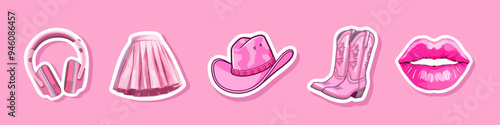 Set Female pink cowboy hat isolated illustration girl wears boots. Wild west theme. Vector Western illustration for party poster or stickers. Girl power, glamour cowgirl pink style. Trend.