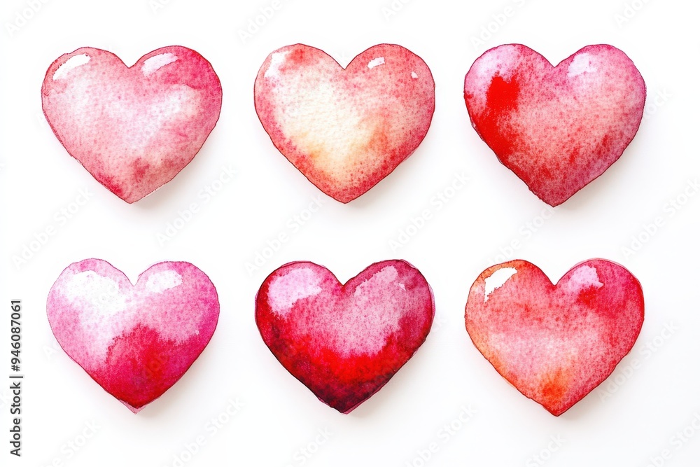 A series of six watercolour hearts, each with a different shade of pink. A series of six watercolour hearts, each with a different shade of pink.