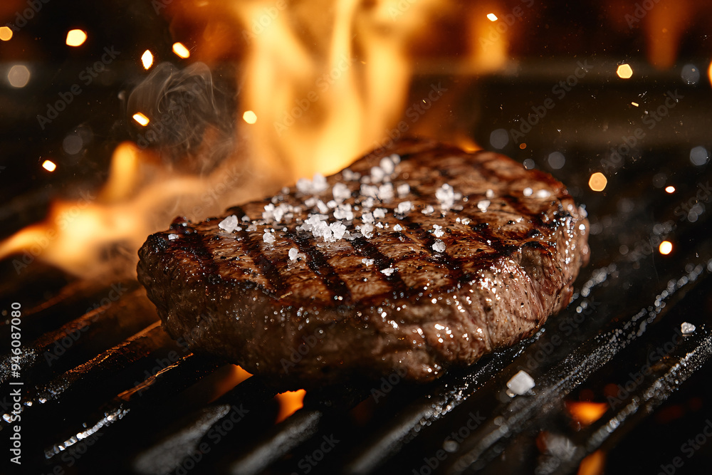 A thick, juicy steak sizzling intensely on a glossy black grill surface, surrounded by an explosive blaze of flames. The steak showcases a perfectly caramelized crust with deep brown grill marks A thick, juicy steak sizzling intensely on a glossy black grill surface, surrounded by an explosive blaze of flames. The steak showcases a perfectly caramelized crust with deep brown grill marks