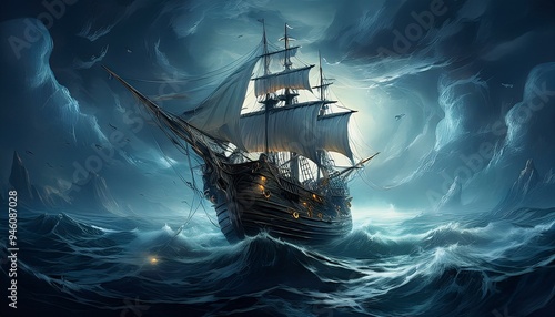 Ghost pirate ship on the high seas, Digital illustration, Generative AI photo