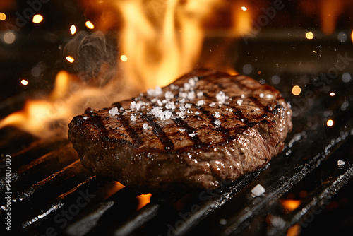 A thick, juicy steak sizzling intensely on a glossy black grill surface, surrounded by an explosive blaze of flames. The steak showcases a perfectly caramelized crust with deep brown grill marks photo