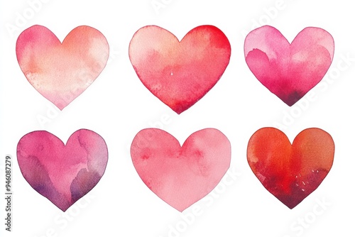 A series of six watercolors of hearts, each with a different background color.