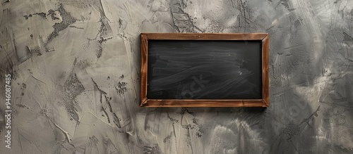 Small blackboard with a wooden frame set against a concrete background viewed from above Clear chalkboard. Copy space image. Place for adding text and design photo