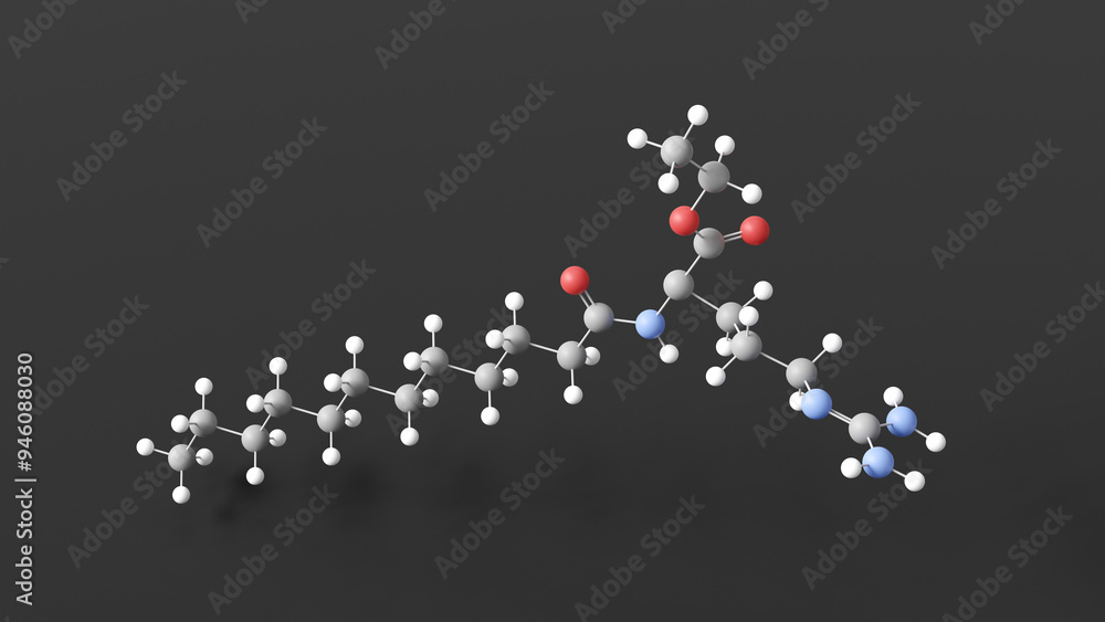 ethyl lauroyl arginate molecule 3d, molecular structure, ball and stick model, structural chemical formula e243 ethyl lauroyl arginate molecule 3d, molecular structure, ball and stick model, structural chemical formula e243