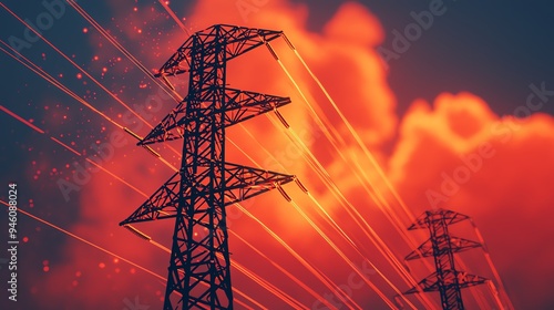 Power grid failure, electrical breakdown visualized, 3D illustration
