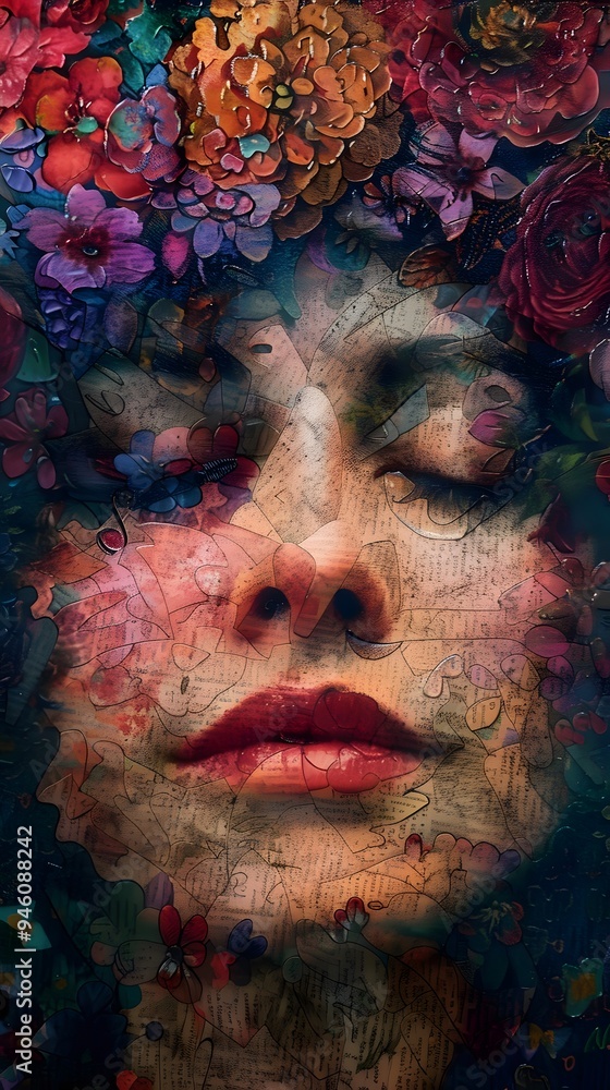 Abstract Portrait with Flowers and Text. Abstract Portrait with Flowers and Text.