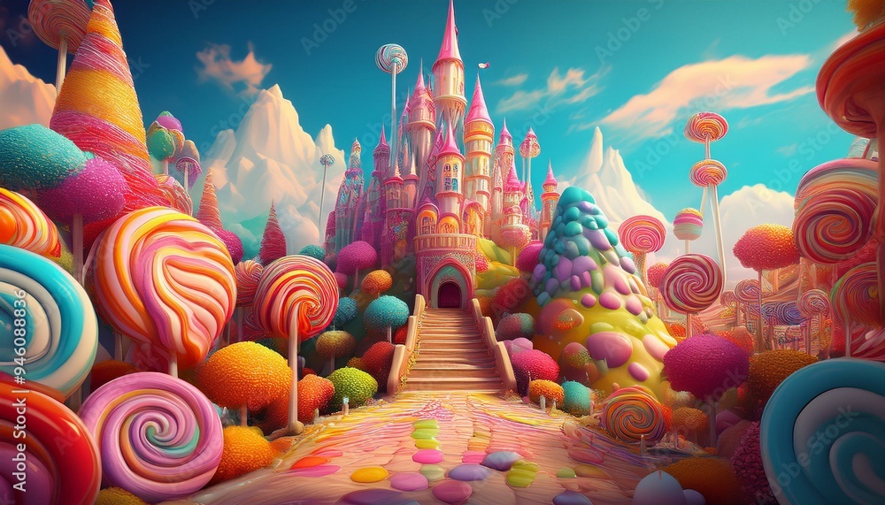 Land of giant candy, fantasy world with castle and trees made of candy, candies and colorful lollipops, Generative AI Land of giant candy, fantasy world with castle and trees made of candy, candies and colorful lollipops, Generative AI