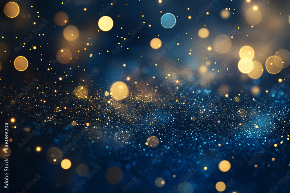 Obraz premium A captivating abstract background filled with striking blue and luxurious gold, embellished with luminous bokeh lights. The gold sparkles create a sense of festivity and glamour, perfect for New
