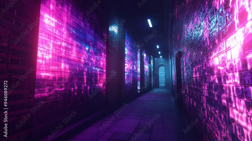 A vibrant, futuristic corridor illuminated by neon lights and reflections on brick walls. A vibrant, futuristic corridor illuminated by neon lights and reflections on brick walls.
