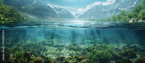 Fototapeta Naklejka Na Ścianę i Meble -  lake background with water underwater abstract fresh water diving scenery and nature s underwater ecosystem backdrop. Copy space image. Place for adding text and design