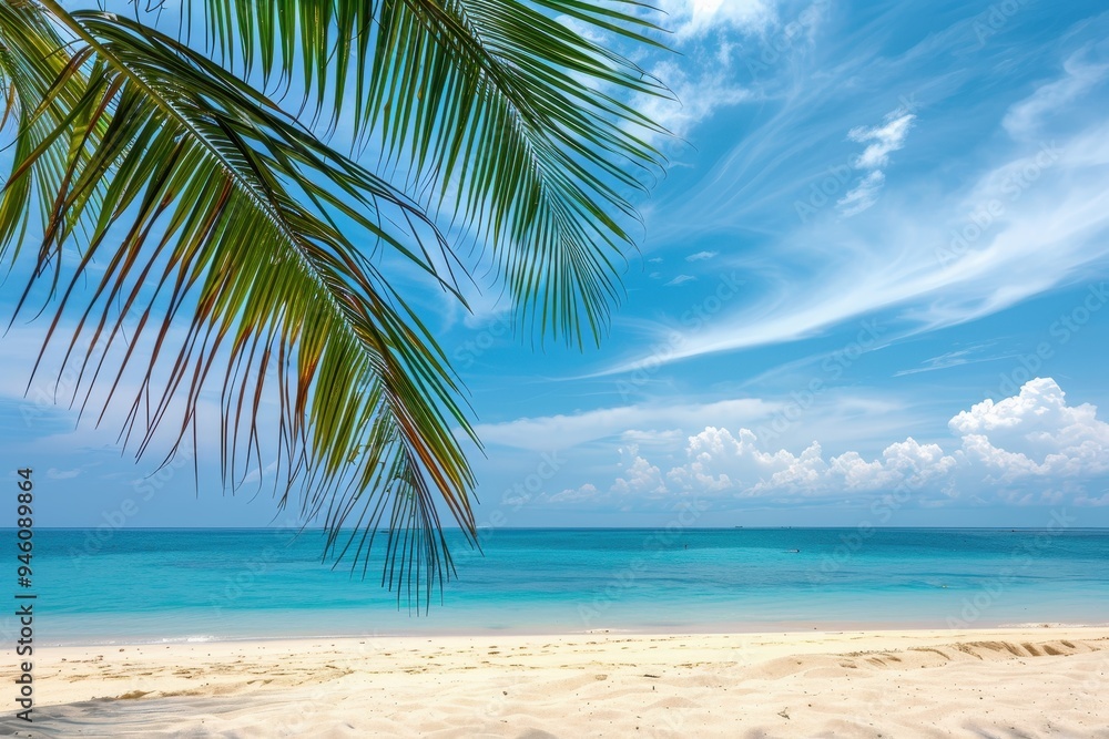 Fototapeta premium Exotic island getaway with palm trees sand ocean and clear sky for summer vacations