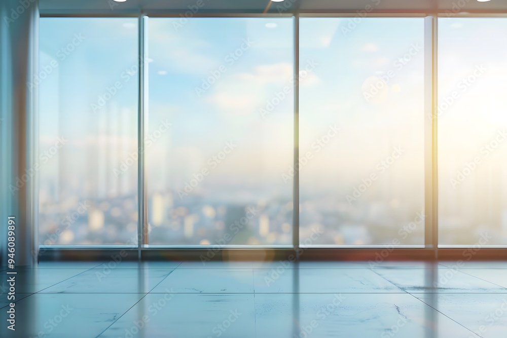 Fototapeta premium An office with sunlight reflecting off the window glass, creating a softly blurred background.