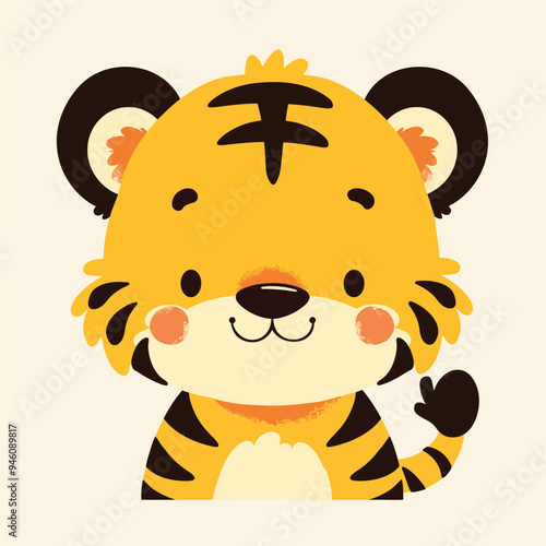 Cute tiger face, a simple flat illustration style with bright colors and a white background