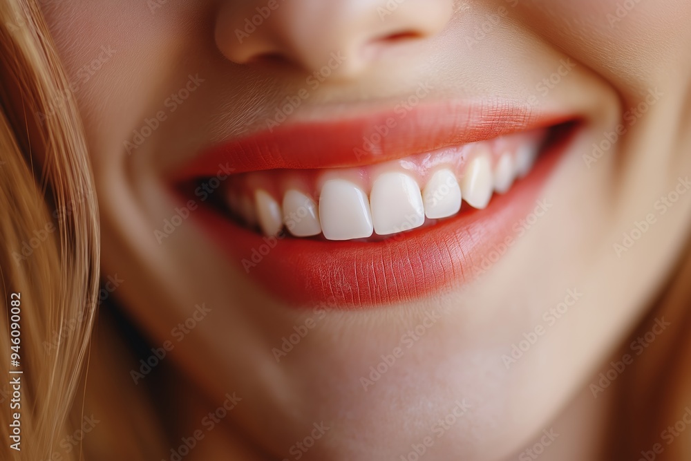 Bright and joyful smile showing perfect white teeth, framed by vibrant red lips in a close-up photograph. Bright and joyful smile showing perfect white teeth, framed by vibrant red lips in a close-up photograph.