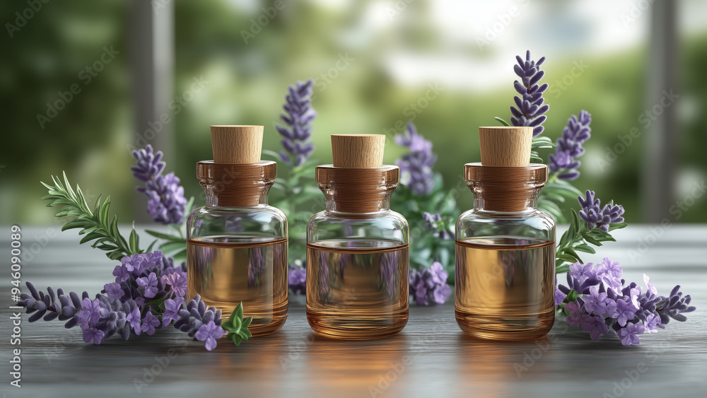 Three glass bottles of lavender essential oil with fresh lavender flowers in a natural setting Three glass bottles of lavender essential oil with fresh lavender flowers in a natural setting