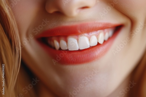 Bright and joyful smile showing perfect white teeth, framed by vibrant red lips in a close-up photograph.