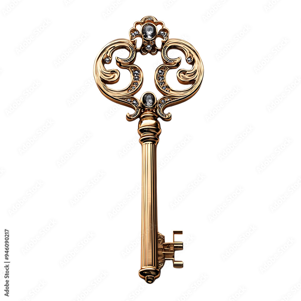 Ornate Golden Key with Diamonds on a Transparent Background Ornate Golden Key with Diamonds on a Transparent Background