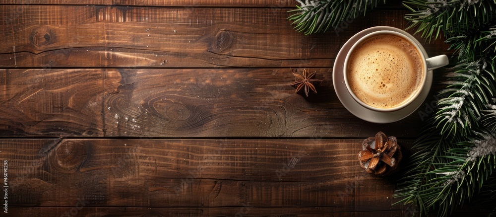 Cappuccino in a cup on a wooden background with a tree symbolizing Christmas from a top view Copy space available Cappuccino in a cup on a wooden background with a tree symbolizing Christmas from a top view Copy space available