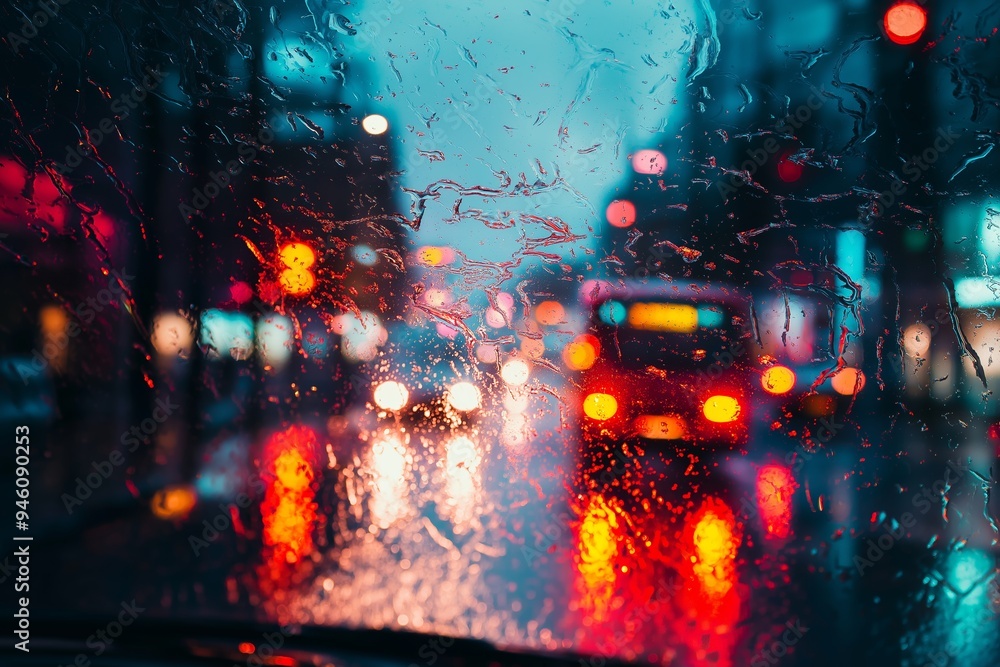 Rainy urban street scene with car lights and colorful reflections at night, showcasing a vibrant city atmosphere. Rainy urban street scene with car lights and colorful reflections at night, showcasing a vibrant city atmosphere.