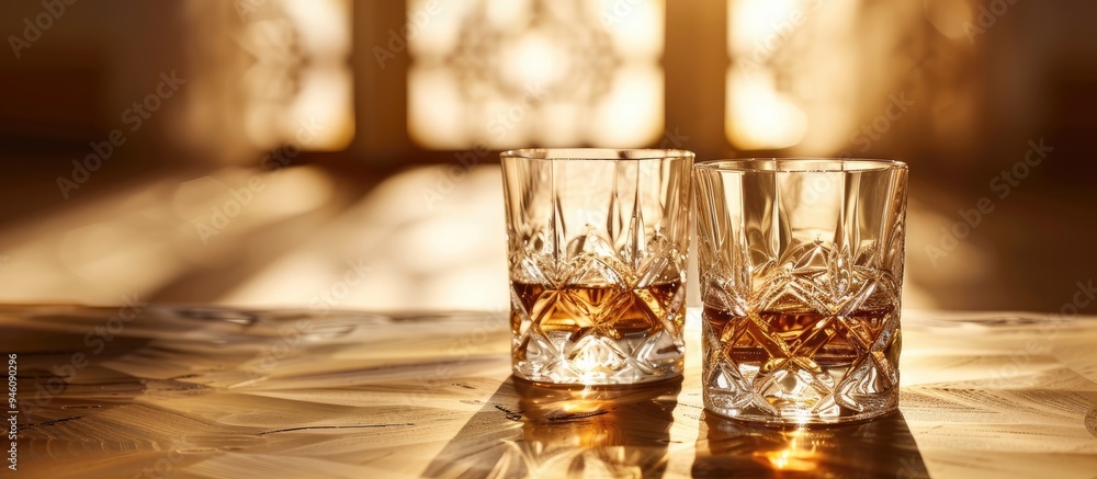 Two whiskey glasses on a wooden table against a softly lit background A luxurious still life of whiskey glasses A rugged vintage theme. Copy space image. Place for adding text and design Two whiskey glasses on a wooden table against a softly lit background A luxurious still life of whiskey glasses A rugged vintage theme. Copy space image. Place for adding text and design