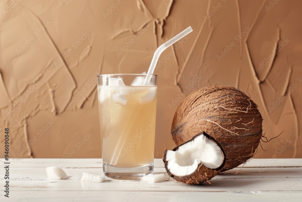 Fresh coconut water with straw on white wooden table over brown background Fresh coconut water with straw on white wooden table over brown background