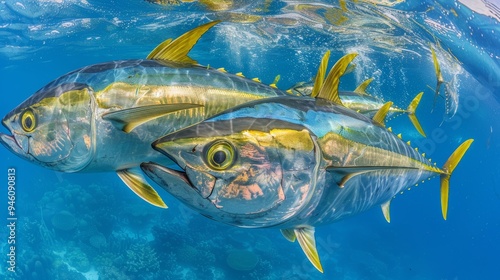 A school of majestic silver tuna elegantly swims through the deep blue waters of the ocean photo