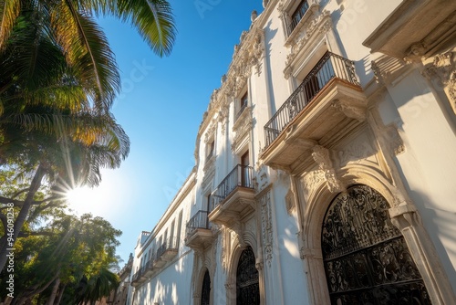 Spanish Colonial Architecture: A beautiful shot of a historic Spanish-style building with ornate details, stucco walls, and iron balconies