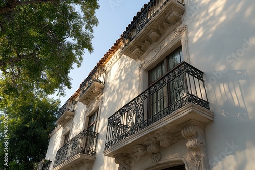 Spanish Colonial Architecture  A beautiful shot of a historic Spanish-style building with ornate details  stucco walls  and iron balconies