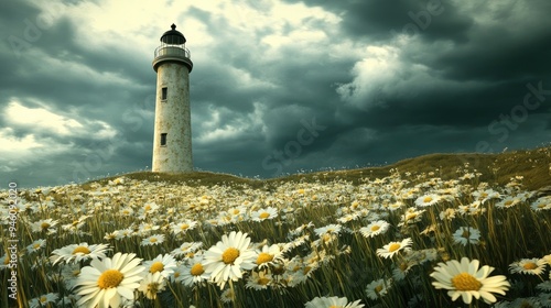 A lighthouse in a field of daisies, with a stormy sky looming, creating a dramatic yet peaceful scene.