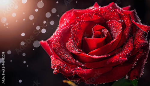 a red rose with water drops close up, dark background and light from the back