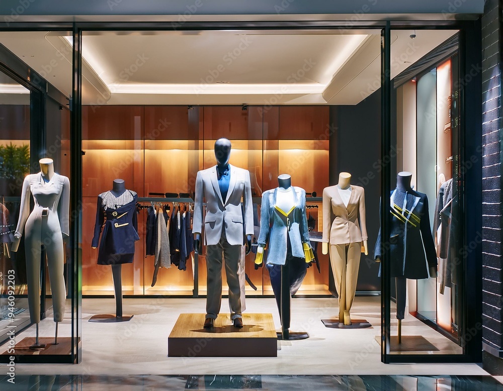 Luxury store window with mannequins in designer clothes, designer store interior, Generative AI Luxury store window with mannequins in designer clothes, designer store interior, Generative AI