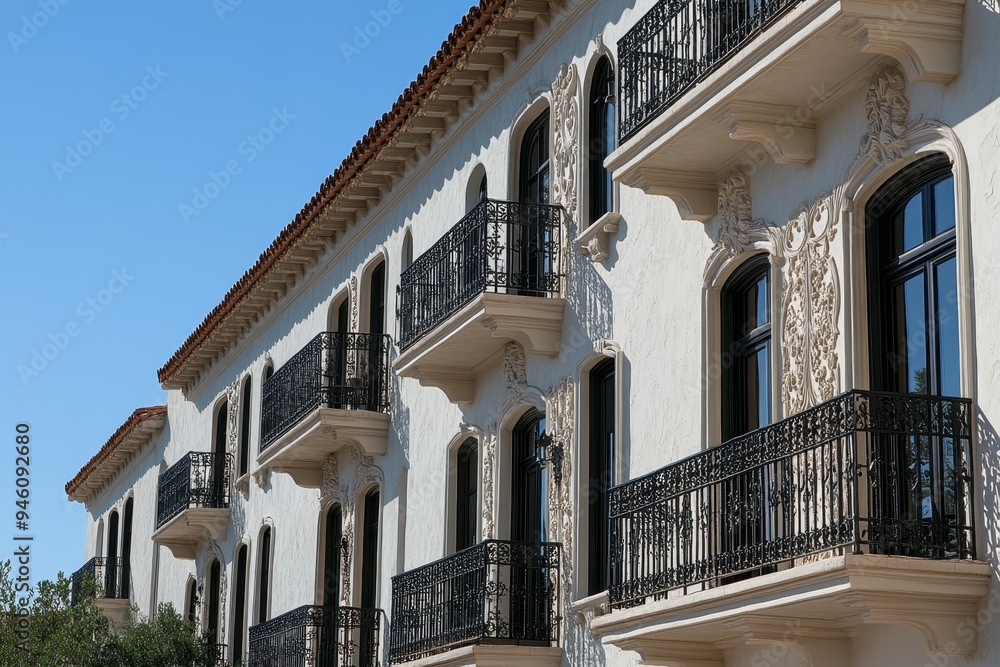 Spanish Colonial Architecture: A beautiful shot of a historic Spanish-style building with ornate details, stucco walls, and iron balconies Spanish Colonial Architecture: A beautiful shot of a historic Spanish-style building with ornate details, stucco walls, and iron balconies