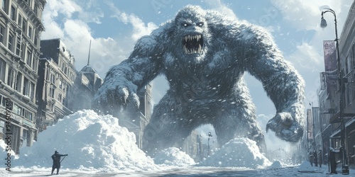 A giant snow monster rampages through a city. photo