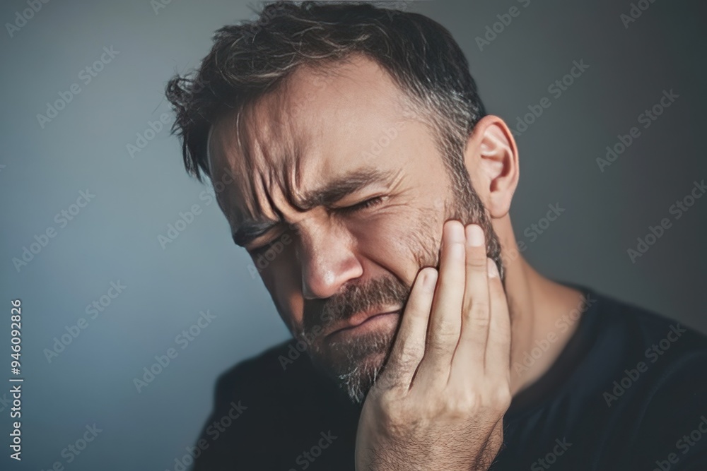A Man Grimacing in Pain, Holding His Cheek with His Hand A Man Grimacing in Pain, Holding His Cheek with His Hand