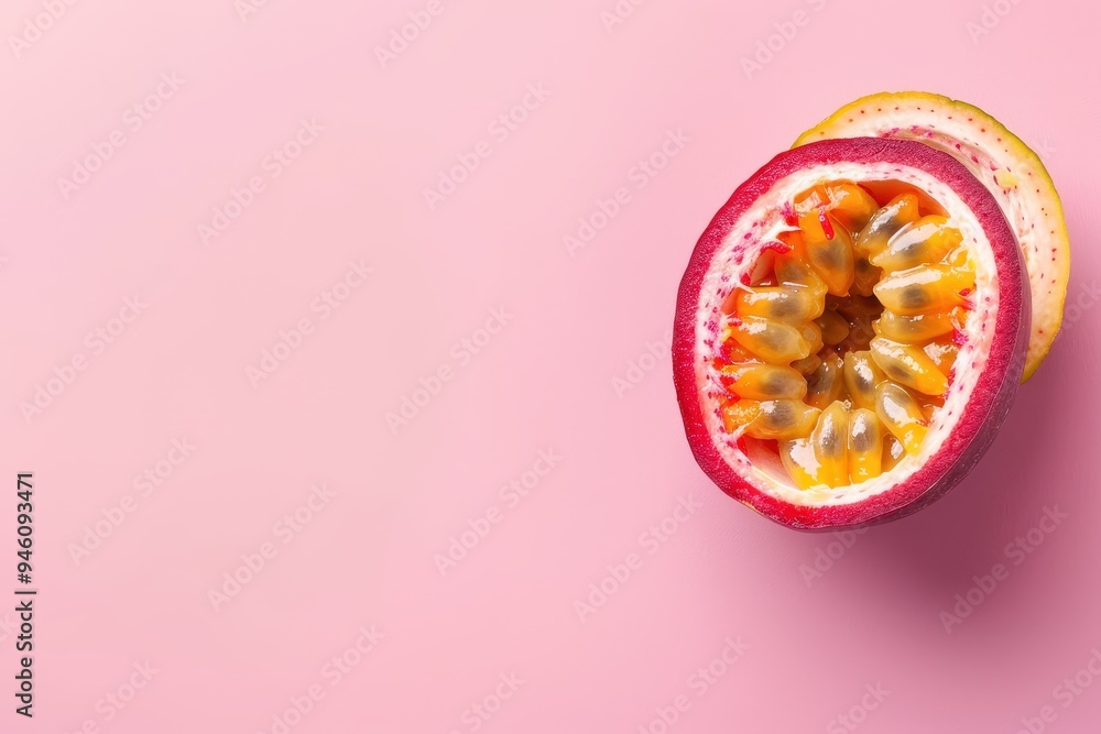 Half passion fruit on light pink background top view Half passion fruit on light pink background top view