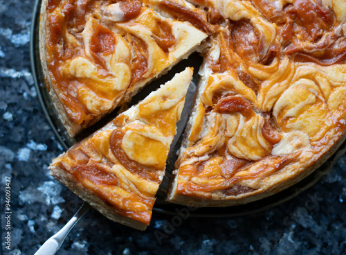 Homemade cheesecake with freshly boiled apricots, gluten-free, sugar-free photo