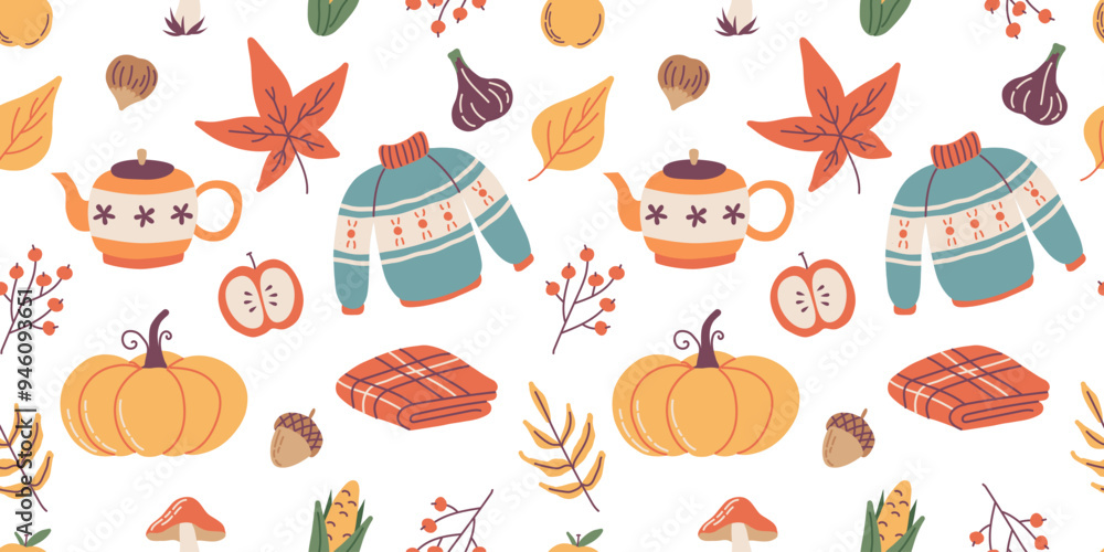Autumn seamless pattern, cute hand drawn seasonal objects. Vector illustration in flat style Autumn seamless pattern, cute hand drawn seasonal objects. Vector illustration in flat style