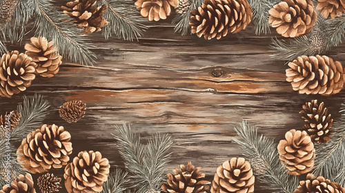 Pine cones and branches on rustic wooden background.