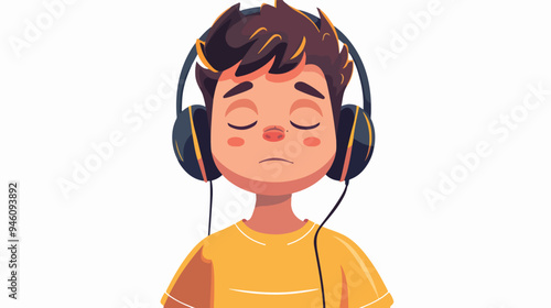 Cute Boy in Headphones Enjoying Music with Eyes Closed