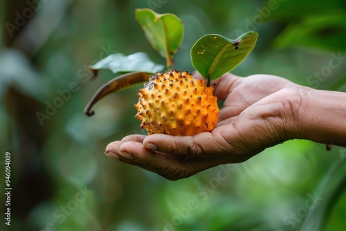 Holding a nance fruit also known as nanche or nancite photo