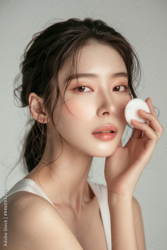 Asian model woman applies toner with cotton pad in beauty studio promo photo. High resolution image features white background and gray wall. Composition includes copyspace and face on left side. Asian model woman applies toner with cotton pad in beauty studio promo photo. High resolution image features white background and gray wall. Composition includes copyspace and face on left side.