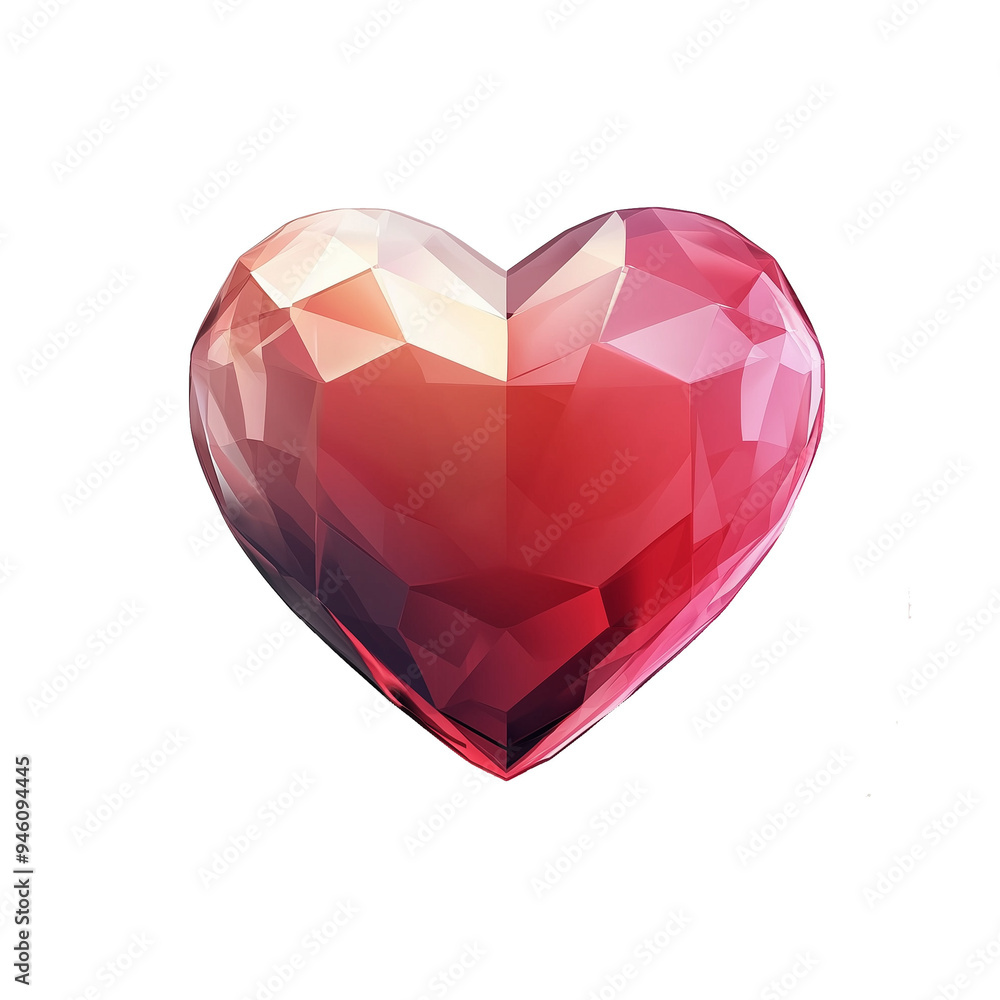 Faceted 3D gemstone heart in shades of red and pink isolated on transparent background Faceted 3D gemstone heart in shades of red and pink isolated on transparent background